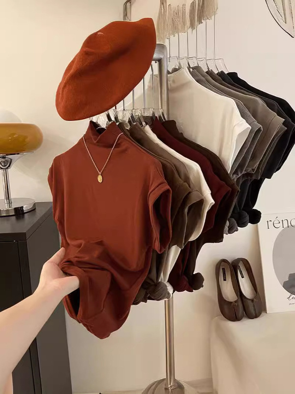 Elegant Shell Collar Sleeveless T-Shirt for Women Early Autumn Slim Fit Base Layer Shirt Plain Half Turtleneck Top