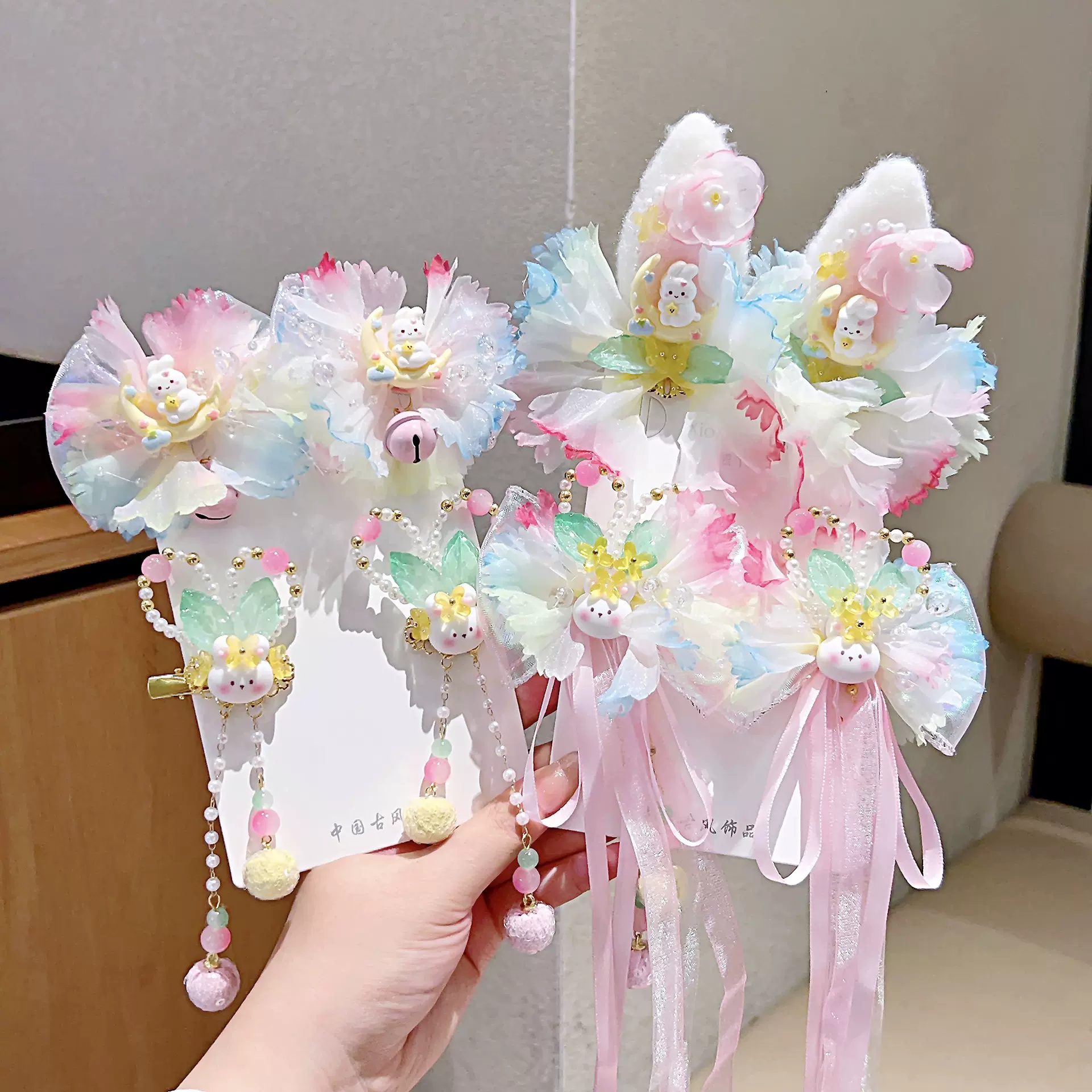 中秋节儿童古风发饰幼儿园演出古装汉服头饰小兔子亮灯发夹配饰