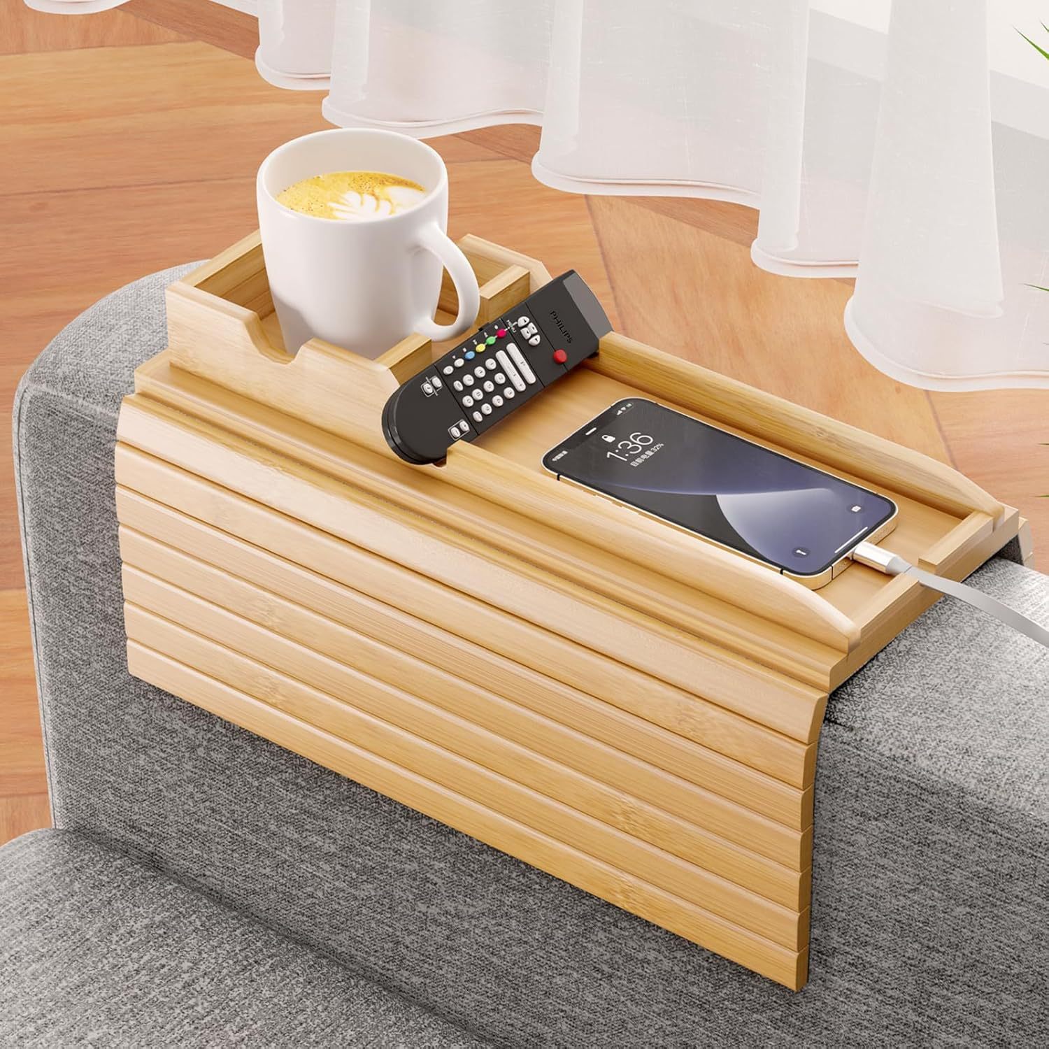 Bandeja para reposabrazos de sofá de bambú, plegable, anticaída, con almacenamiento, mesa de centro para reposabrazos de sofá, bandeja lateral para reposabrazos image 15