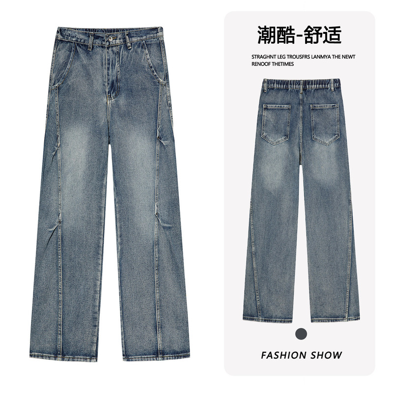 Men's straight-leg jeans with a washed finish, American-style angled rivet design, boyfriend style, height-enhancing, cool and high-street vibe Men's straight-leg jeans with a washed finish, American-style angled rivet design, boyfriend style, height-enhancing, cool and high-street vibe