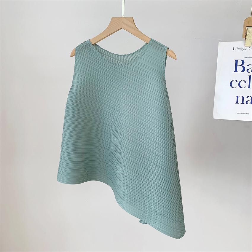 三宅流プリーツトップス レディース イレギュラーTシャツ ラウンドネック ノースリーブ ニッチ 快適 カジュアル ファッション 多用途