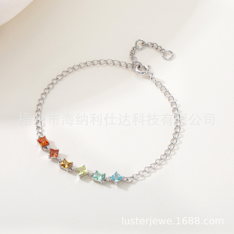 Cultivated Sapphire Small Cube Gradient Dopamine Color Rainbow Bracelet with Colorful Gemstones S925 Silver Qixi Gift