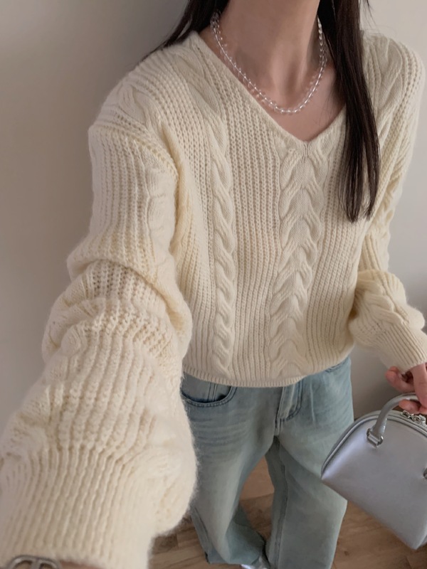 韩系温柔V领软糯麻花毛衣女秋季新款宽松显瘦气质百搭针织衫上衣|undefined