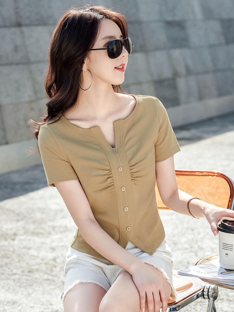 Pure Desire Style V-Neck Button High-end Pleated High Waist Short Fashionable All-match Korean Style Short-sleeved Women's T-shirt Top 232