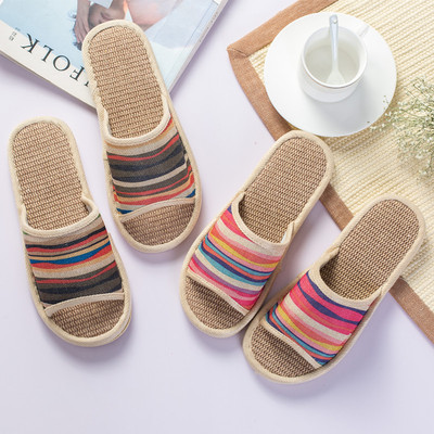 四季木地板防滑牛筋底情侶縫制鞋男女室內家用家居夏涼亞麻拖鞋