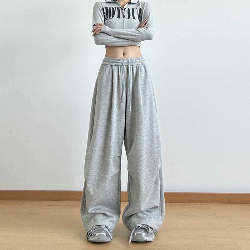 American Gray Sweatpants for Women in Autum 2024 New High-Waisted Straight Loose Casual Sweatpants Overalls Wide-Leg Pants