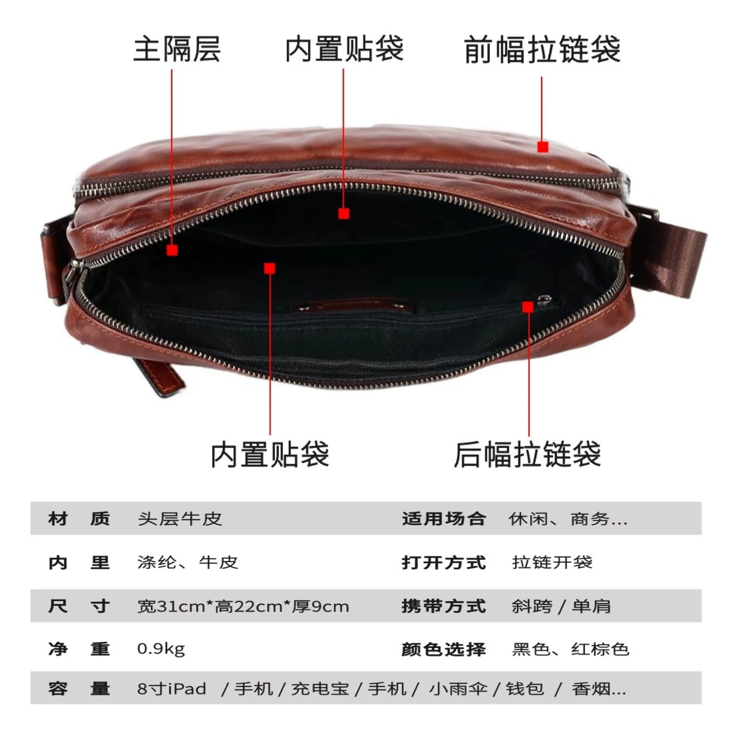 Leather shoulder bag, capacious retro one-shoulder bag for leisure, genuine leather, cowhide, high-end