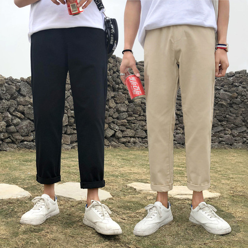 Men's Khaki Color Korean Style Trendy Nine-Twelve Inseam Casual Straight Leg Pants Loose Student New Pure Color Summer Pants