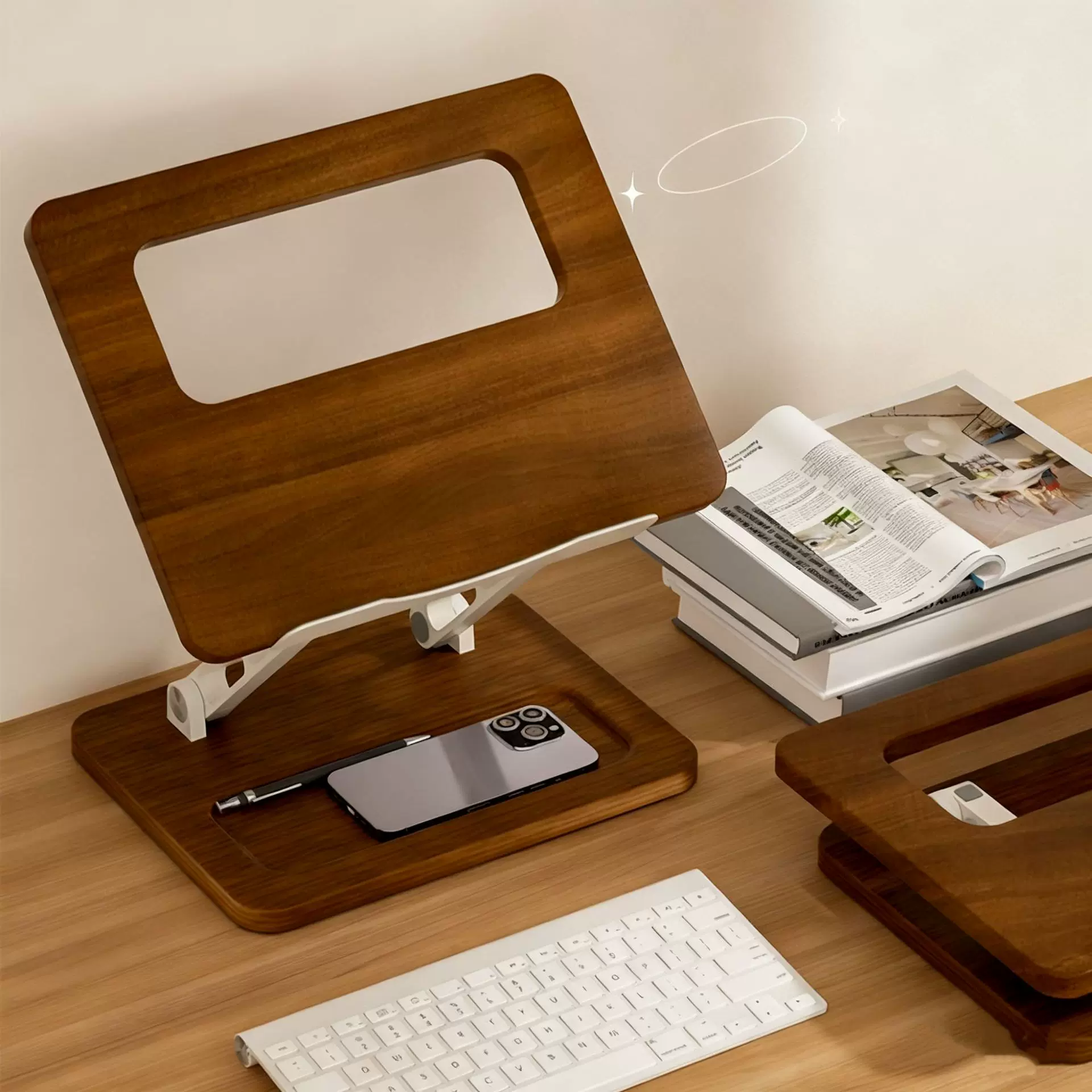 实木纹笔记本电脑支架高档办公室白领立式增高散热架带收纳槽不晃