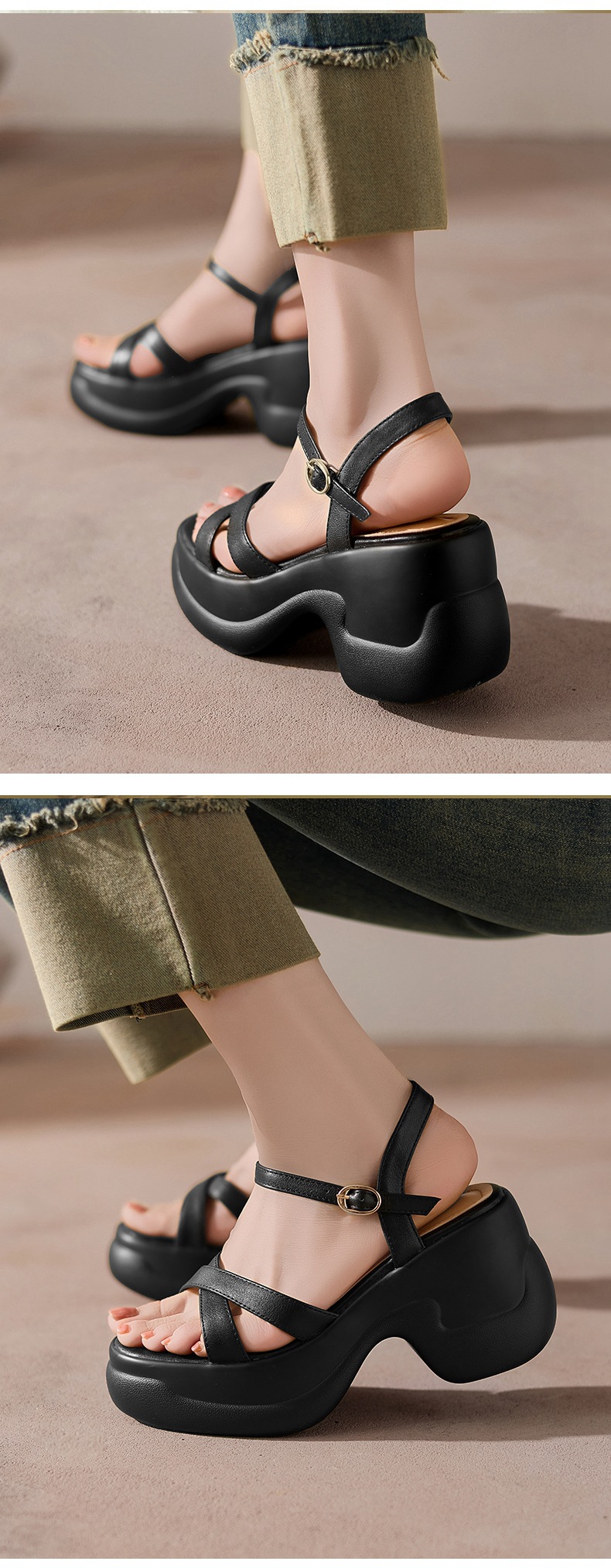 Sandal cao gót nữ hở mũi đế xuồng da bò, quai ngang đi làm — đen chi tiết 5