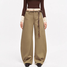 欧美极简小众复古休闲裤设计感无腰头休闲洗水工装弯刀裤腰带裤女
