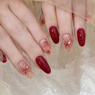 S127-Fugui Rose Wearing Nail Pieces Butterfly Flash Diamond White Manicure Patch New Year Festive Bride False Nails