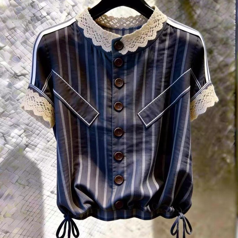 Summer new French-style striped lace stand-collar short-sleeve women's shirt with a unique design in dark blue, made of high-elasticity Tencel