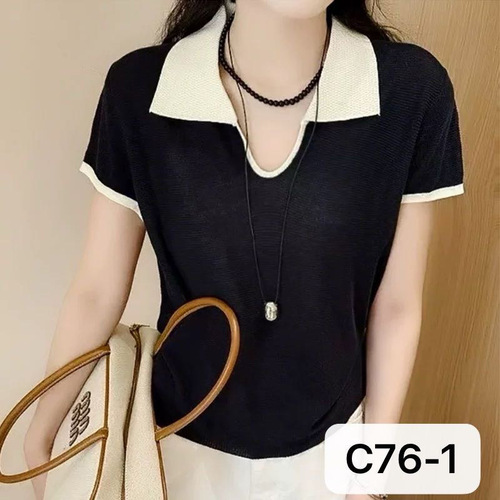 Summer knitted POLO shirt, short-sleeved T-shirt, contrasting collar, breathable ice silk, fashionable and expensive temperament, casual, comfortable and high-end feeling
