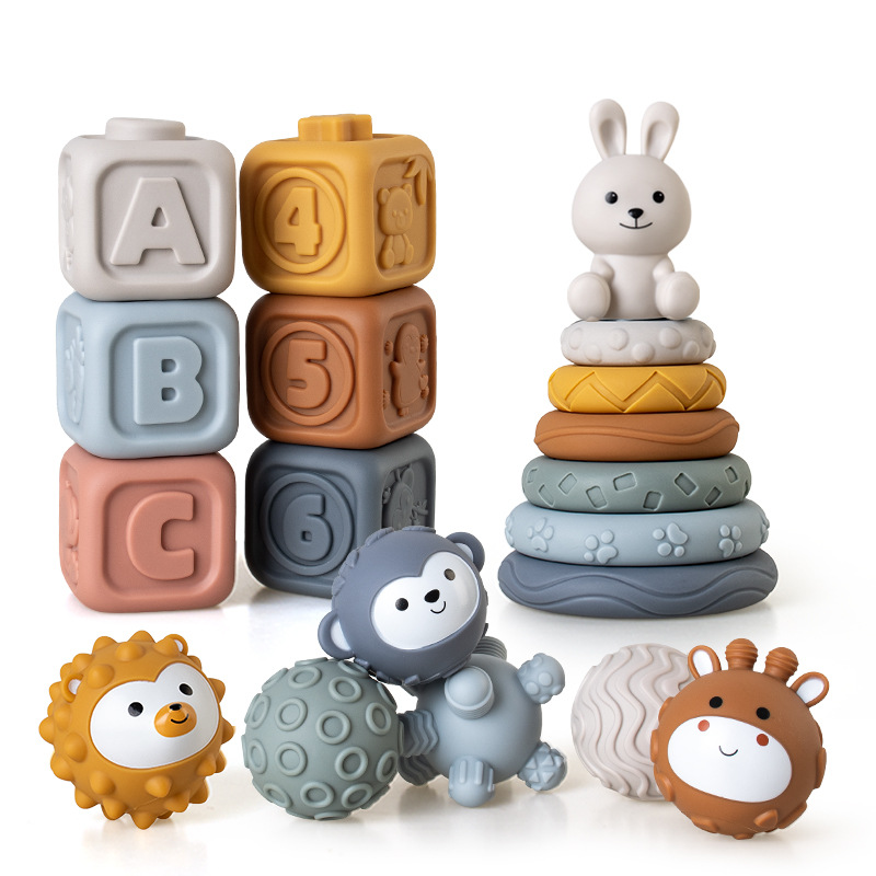 Juguetes transfronterizos de agarre de mano para bebés y niños pequeños, bloques de bloques de goma suave, círculos apilados, pellizcos para bebés, juguetes apilados de bolas image 13