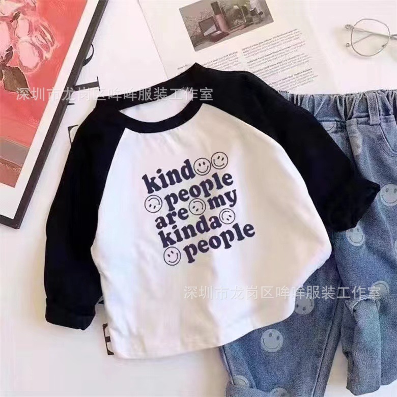 Children's and Toddlers' Pure Cotton Long-Sleeve Spring and Autumn Season New Cartoon Print T-Shirts for Boys and Girls, Round Neck Base Layers with Colorful Inserts, Trendy