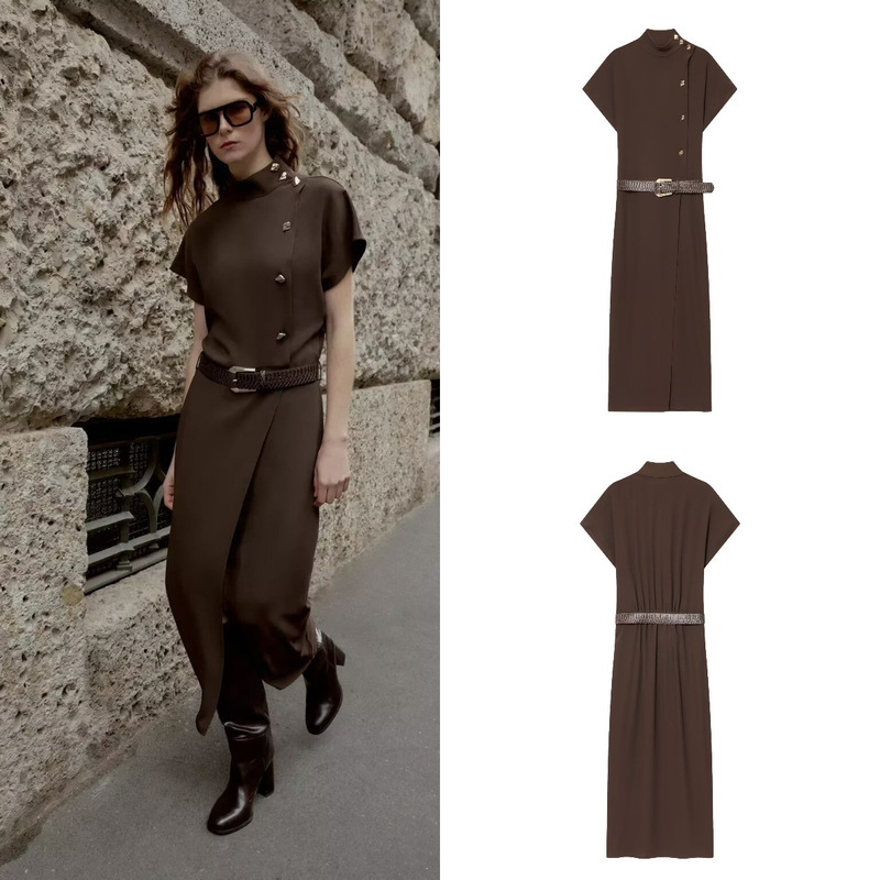 Za Cross-Border Export Spot European and American Style Women's Summer New Fashion Midi Dress with Belt