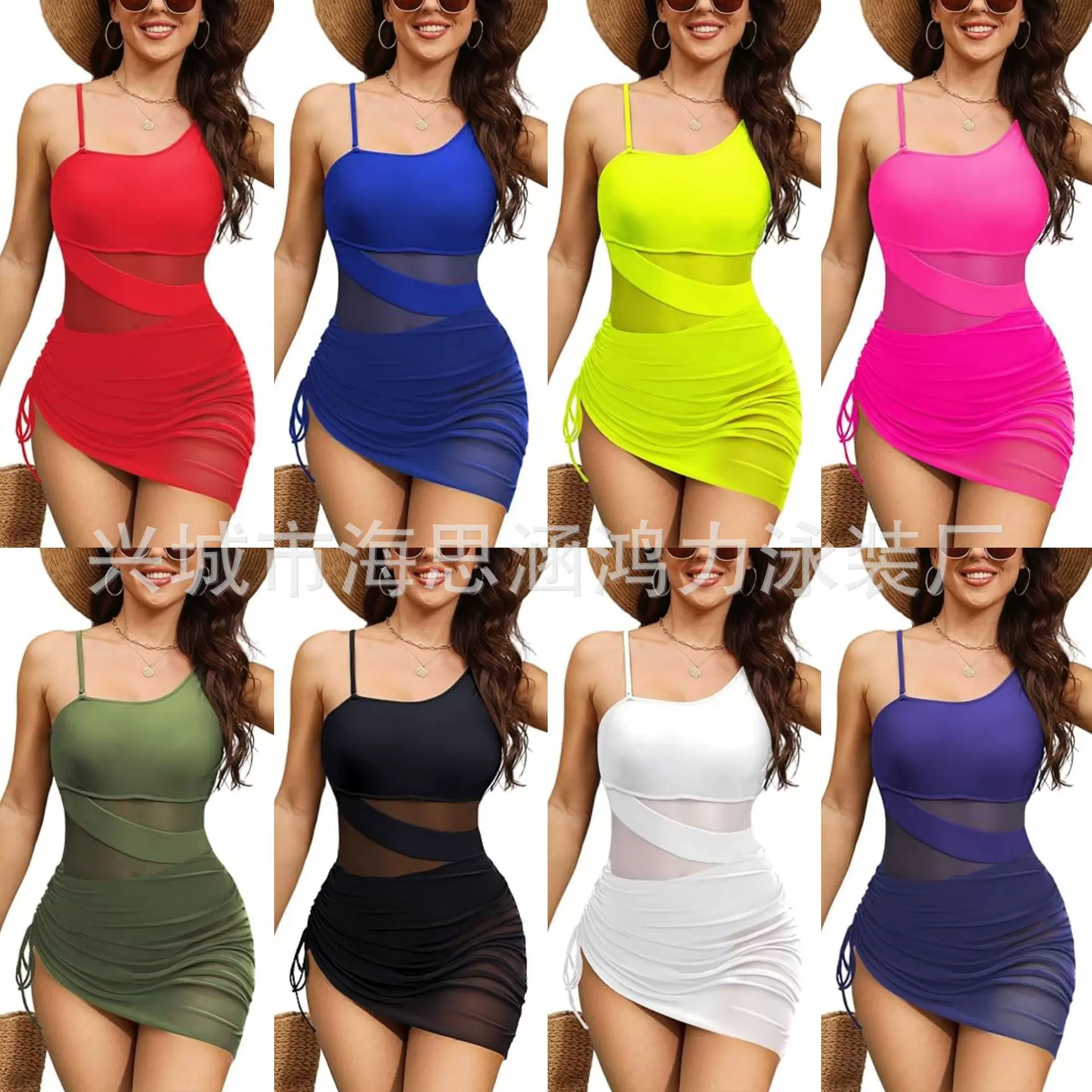 速卖通亚马逊爆款欧美女士多色连体拼接聚拢高腰遮肉显瘦比基尼