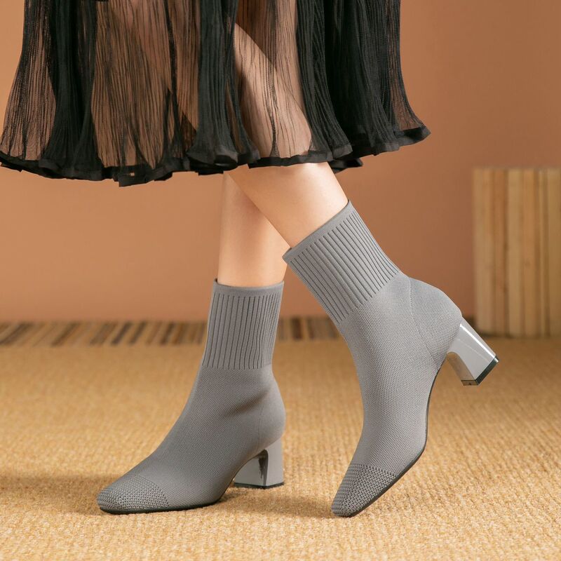 Slim Boots Women's High-Heeled Short Boots Knitted Autumn and Winter Single Boots Square Toe Socks Boots Thick Heel Winter Elastic 2024 New Style