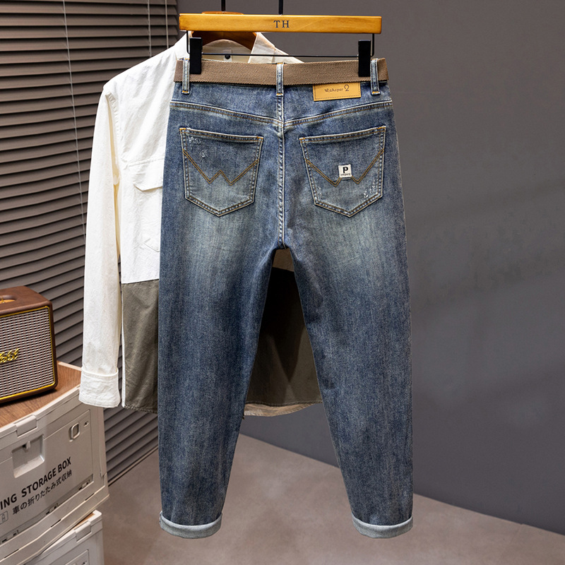 Blugi retro spălați noi pentru bărbați, croială slim fit americană, blugi cu picioare mici pentru bărbați, blugi mărime mare pentru grăsimi, blugi grași_voghion.com