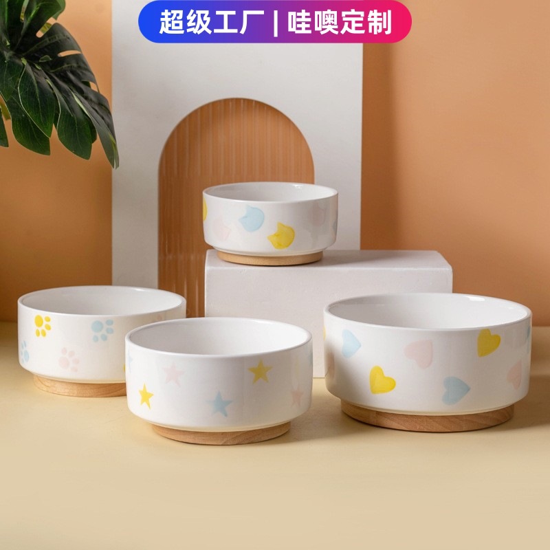 Cuenco de gato de cerámica personalizado cuenco de agua para gatos cuenco de grano protector cuello antideslizante marco de madera cuenco de perro de pies altos cuenco de agua potable cuenco de mascotas