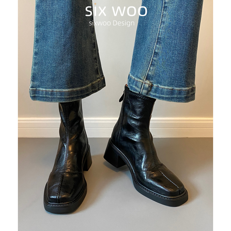 [in Stock] High-Heeled Square-Toe Ankle Boots Martin Boots Spring and Autumn Single Boots Back Zipper Ankle Boots Women's Chunky Heel Boots