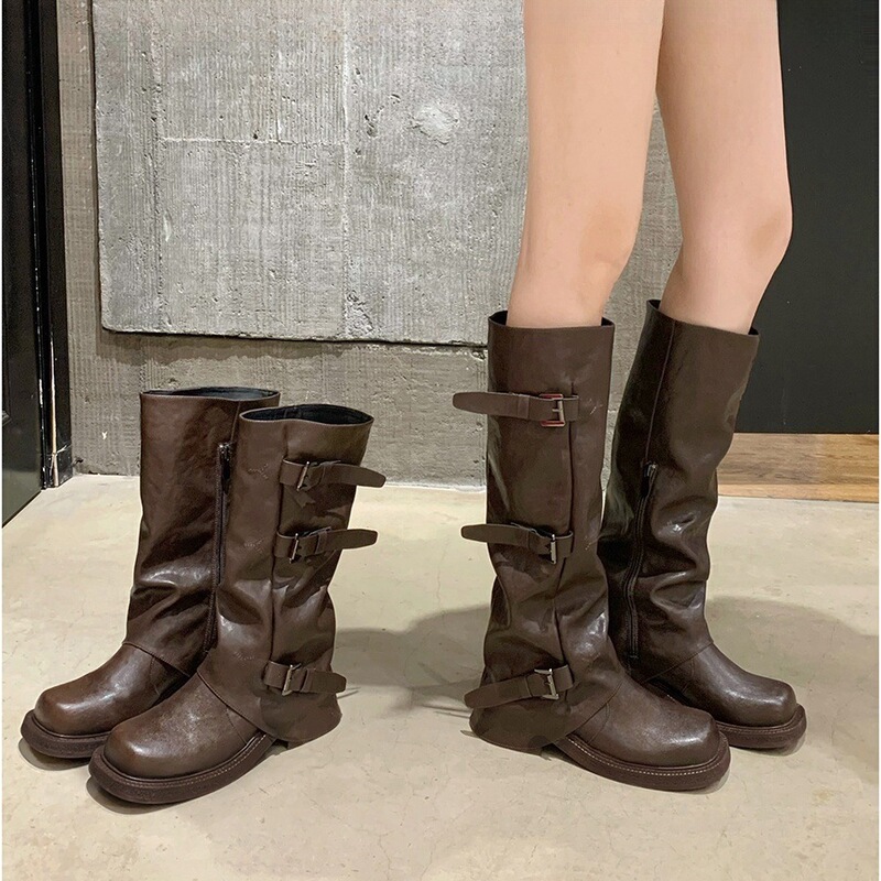 澜柜 内增高6cm~时髦皮带扣长筒靴方圆头褶皱中筒骑士靴女秋款|undefined