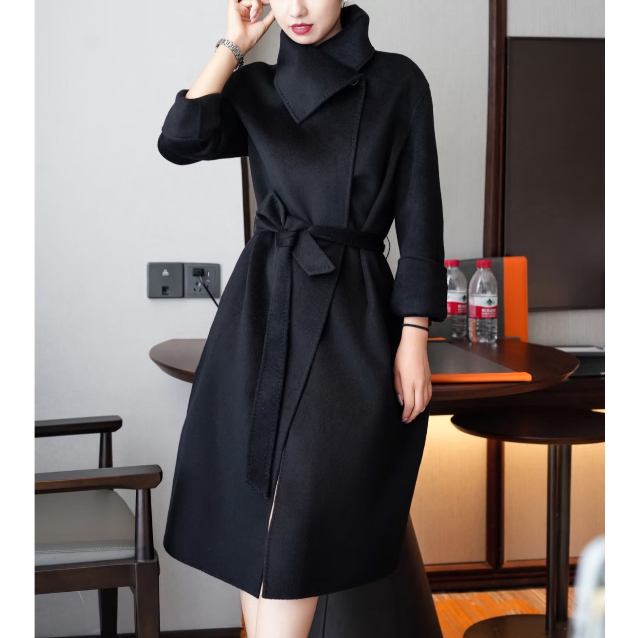 现货 静奢感花苞领全羊毛H版型双面呢长款黑色大衣女冬季G2051