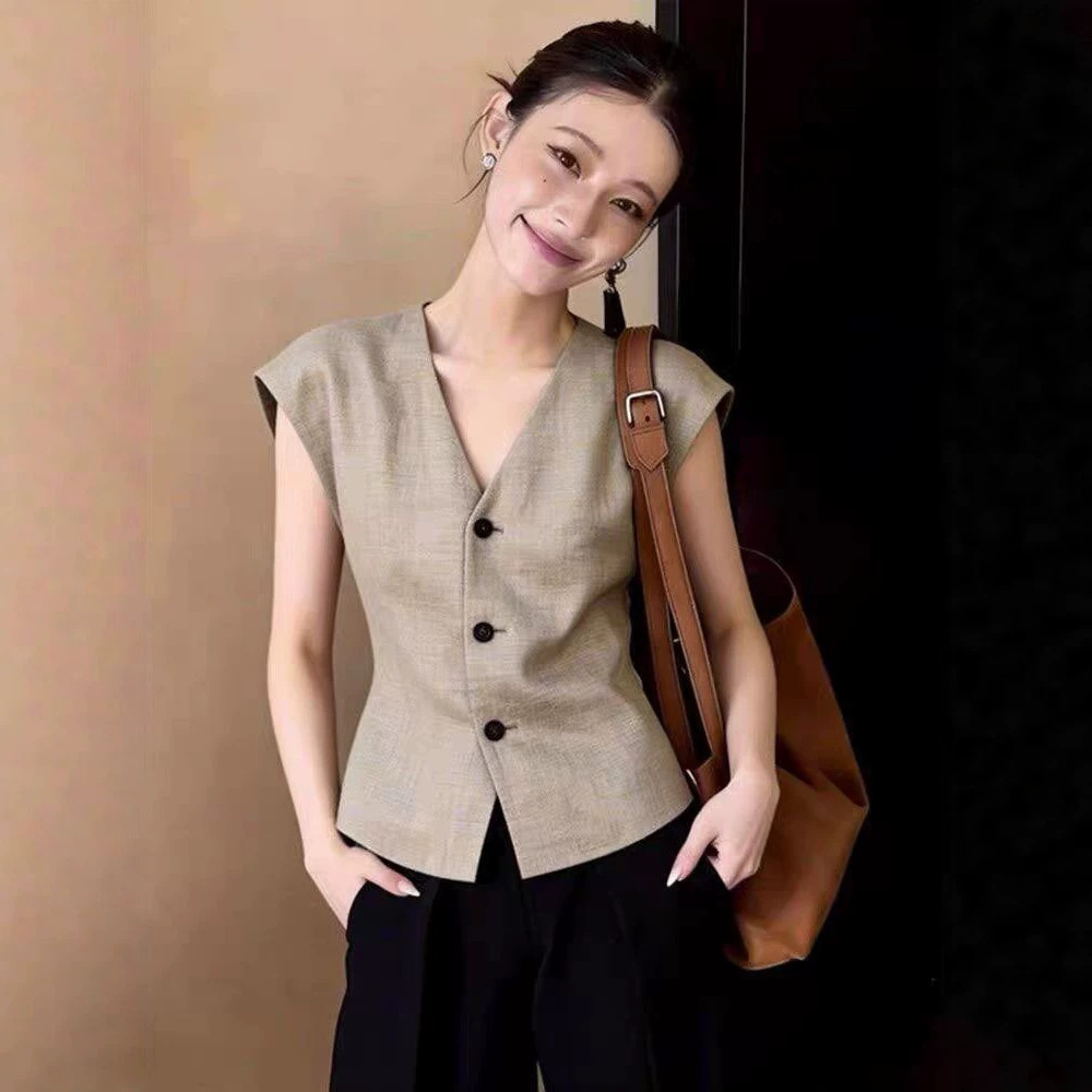 Áo vest gile nữ không tay công sở kiểu mới mùa xuân hè — màu kaki chi tiết 2