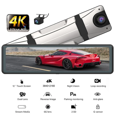 12inch Dashcam with Streaming Media, Three Lenses, Wifi, High-Definition Night Vision, 4K Reversing Image, Full-Screen Simultaneous Recording and Display (Driving recorder)