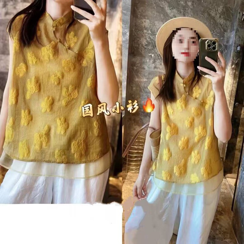 New Chinese Style Retro Jacquard Patchwork Sleeveless Vest Versatile Top for Women