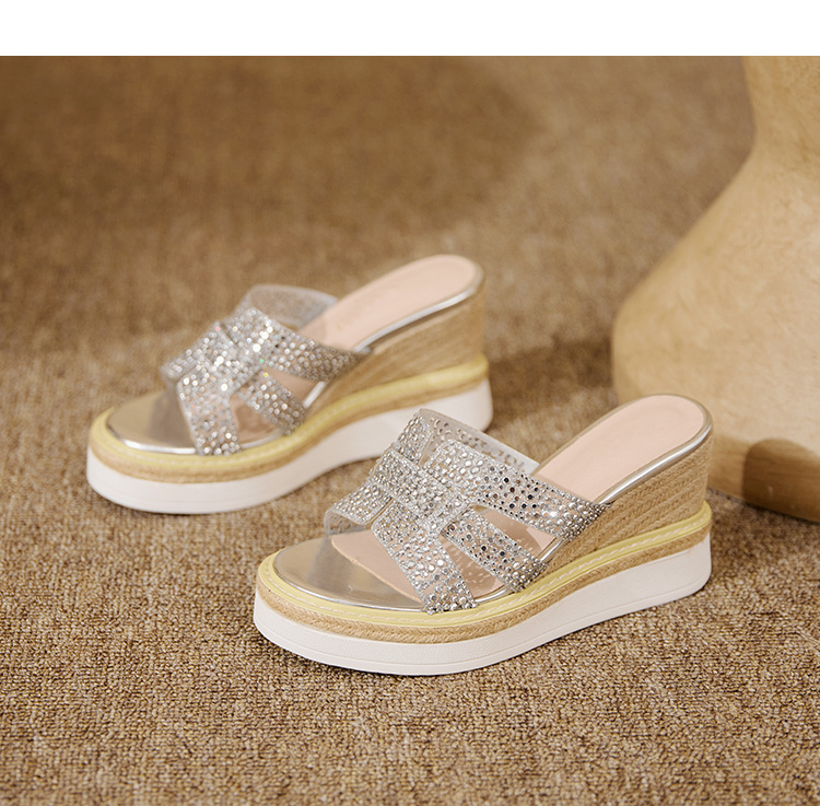 Sandal cao gót nữ hở mũi đính đá pha lê quai ngang đế xuồng — Champagne màu, bạc chi tiết 13