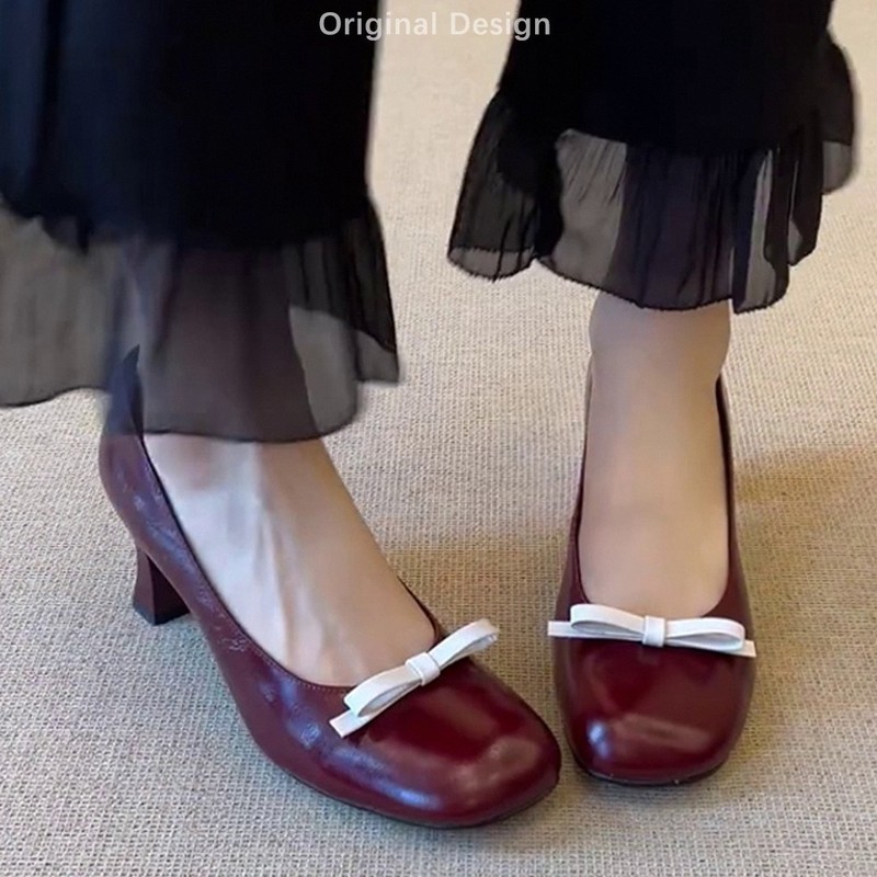澜柜~法式单鞋女粗跟蝴蝶结红色工作鞋子绝美不累脚高跟玛丽珍鞋|undefined
