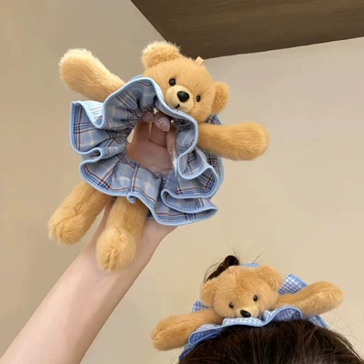 Cute and super stylish plush bear plaid scrunchie for playful bun hairstyles, hair accessory wholesale