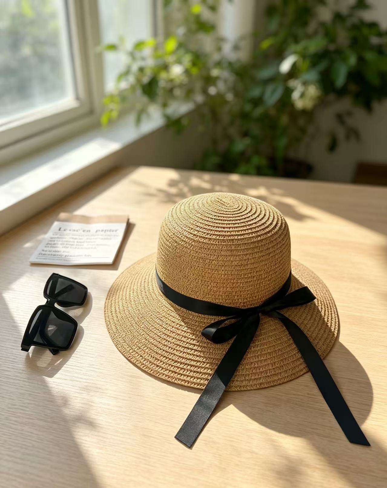 Sombrero de paja para el sol de verano para mujer con lazo de cinta negra, sombrero de ala ancha, sombrero tipo cubo para adultos, sombrero de protección solar para mujer con ala ancha.