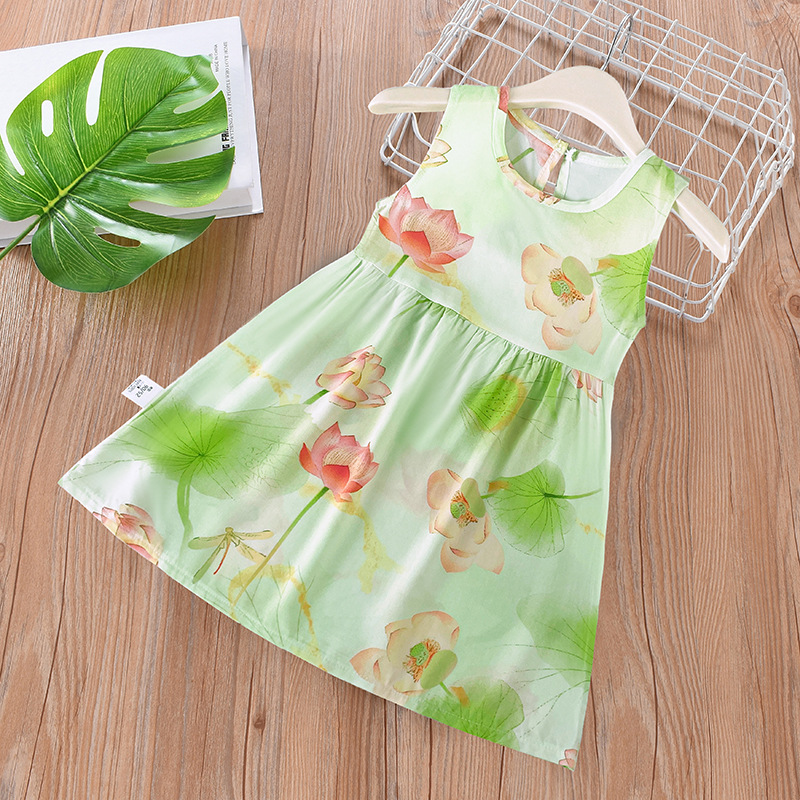 Vestido infantil verano niñas vestido de princesa floral falda de playa 2025 verano nuevo estilo falda de chaleco de tirantes de seda de algodón