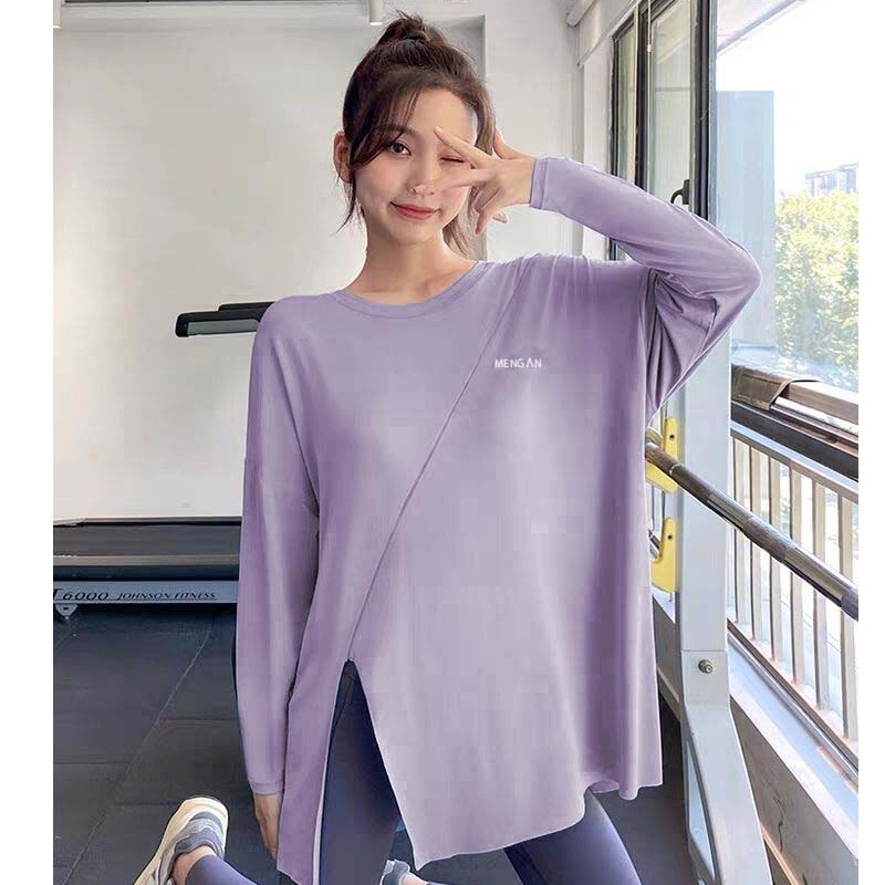 Quick-drying T-shirt Yoga Top Split Sports Top Women's Loose Running Blouse plus size chubby girl Fitness Wear Long Sleeve