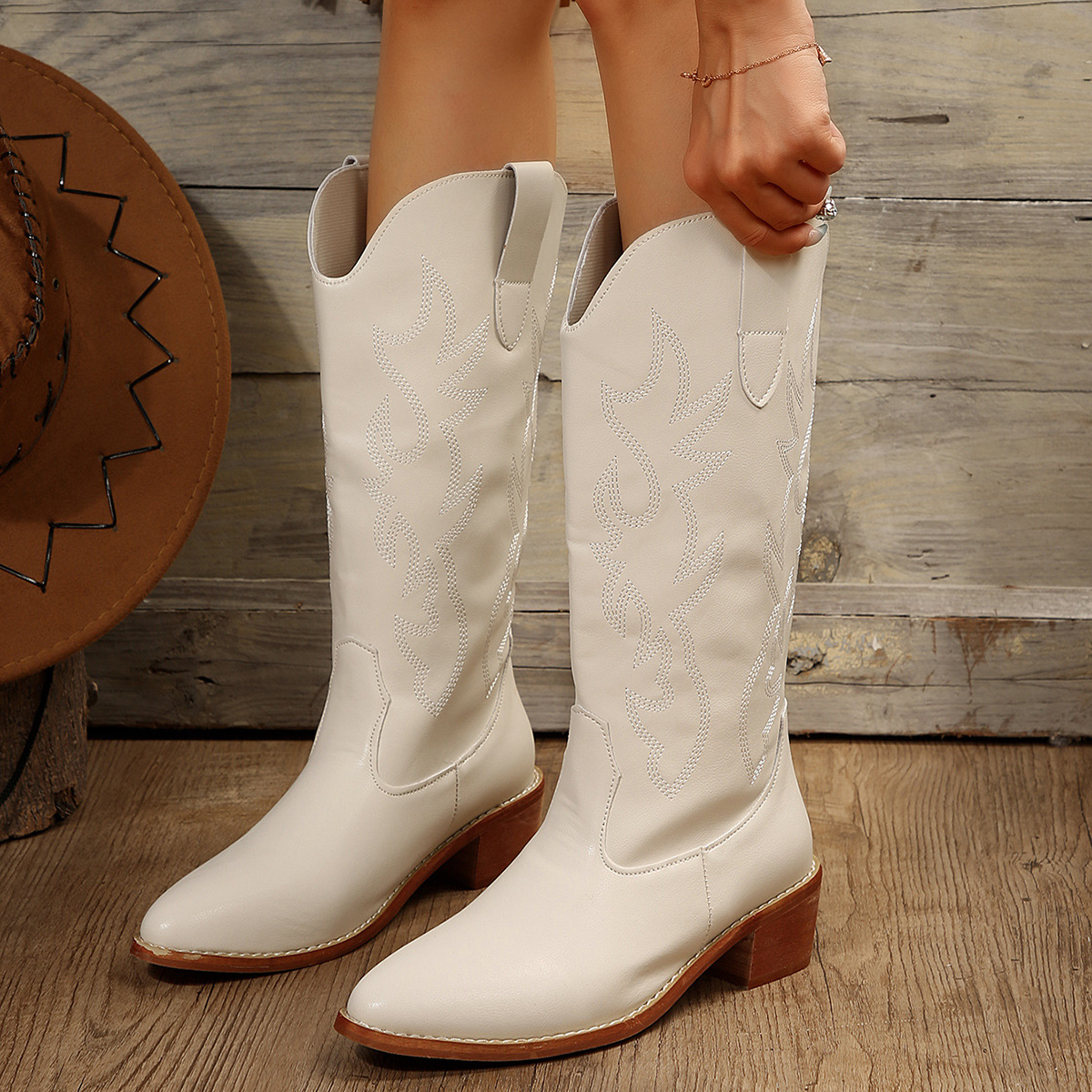 Dámské rytířské boty s vyšívanými dřevěnými kořeny, střední délky a špičatým hrotem, plus size_voghion.com