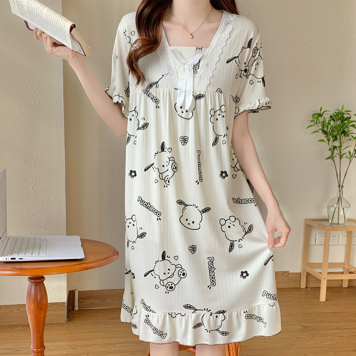 Comercio exterior transfronterizo pijama de mujer de verano de mangas cortas de seda de leche encaje lindo dibujos animados pijama de estudiantes ropa delgada