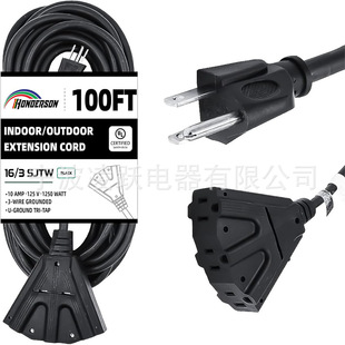 Honderson 3 Outlet Indoor Outdoor Extension Cord Weatherproof 16 Gauge 100ft Black 3 Prong