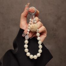 奢华珍珠手机链条毛绒球挂件短款手机壳挂绳包包钥匙扣防丢送垫片