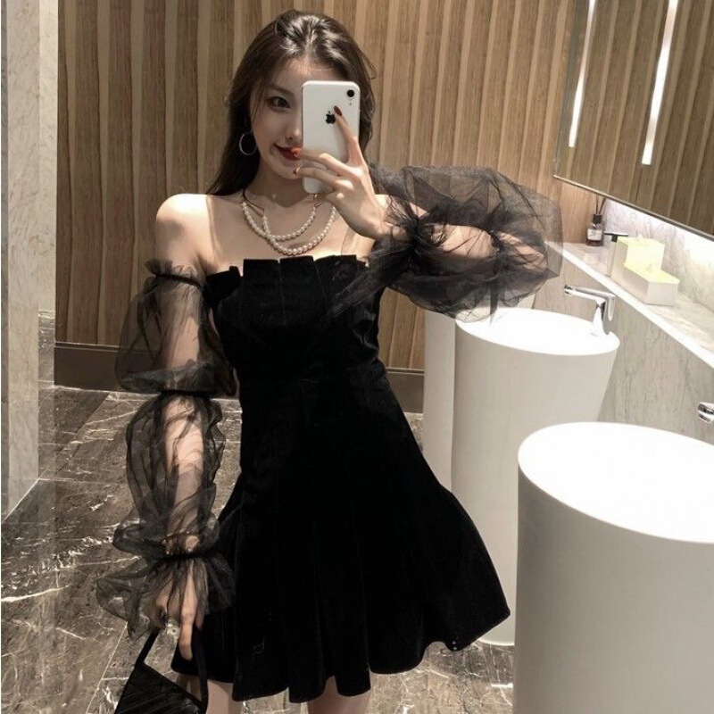 Spring and Summer New Mesh Long-sleeved dress Women's 2025 Socialite Elegant Slim-fit Waist Mid-length Tutu Skirt