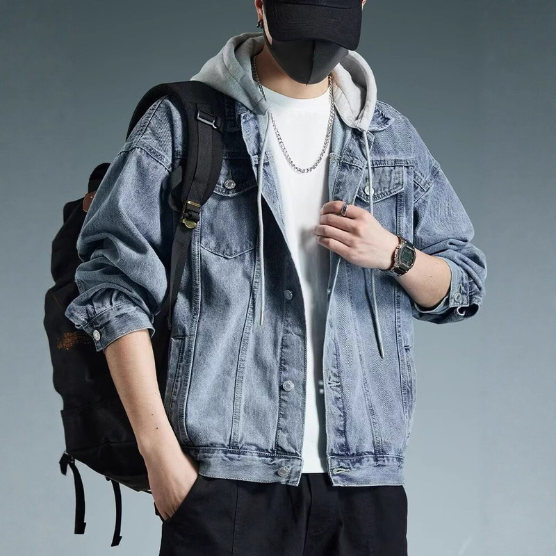 2025 Fake Two-Piece Denim Jacket Men's Spring and Autum Sweatshirt with Hood Handsome Trendy Brand Loose Jacket Style Clothes