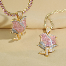 嘻哈新款玫瑰花锆石吊坠项链Hiphop时尚潮流镶锆石男女项链饰品