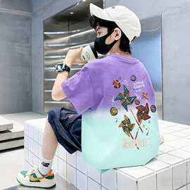 夏季男孩短袖T恤男童渐变打底衫男宝宝半袖韩系宽领休闲中小童t恤