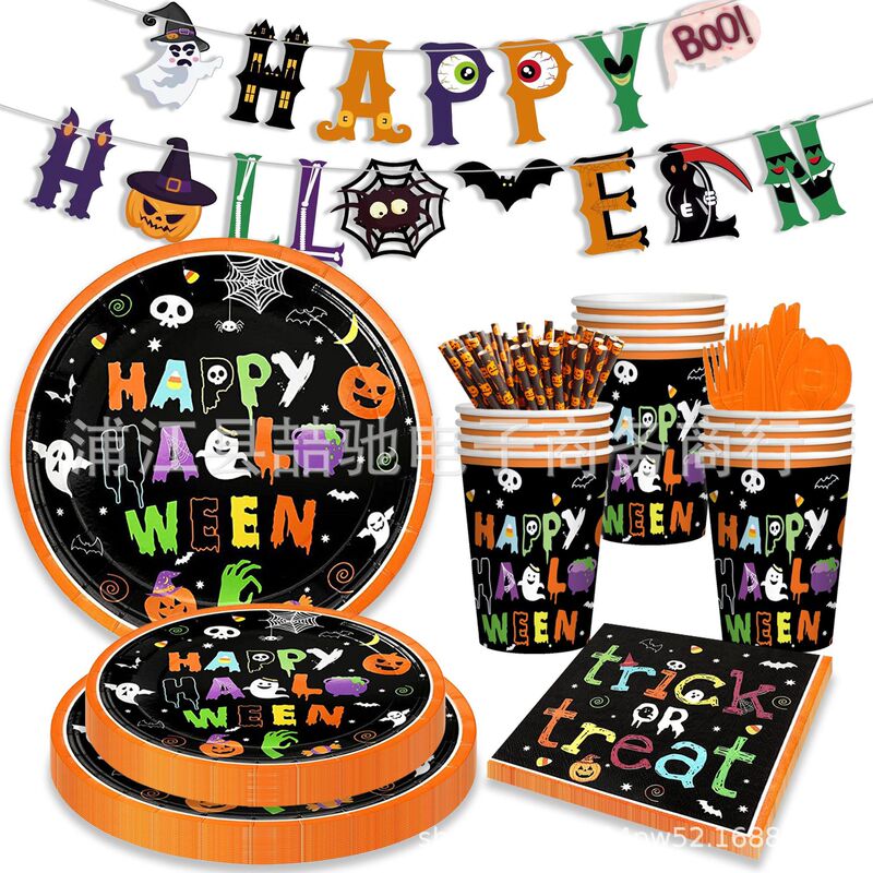 Spot Alphabet Halloween Theme Party Decoration happy holllow Paper Tray Tissue Paper Cup Tableware Set