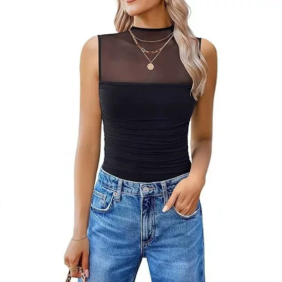 Cross-Border Amazon Summer Mesh Patchwork Sleeveless Tank Top Bodysuit Sexy See-Through Slim Fit Inner Layering Top