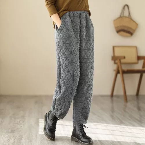 Japanese retro quilted warm trousers with diamond pattern, oversize