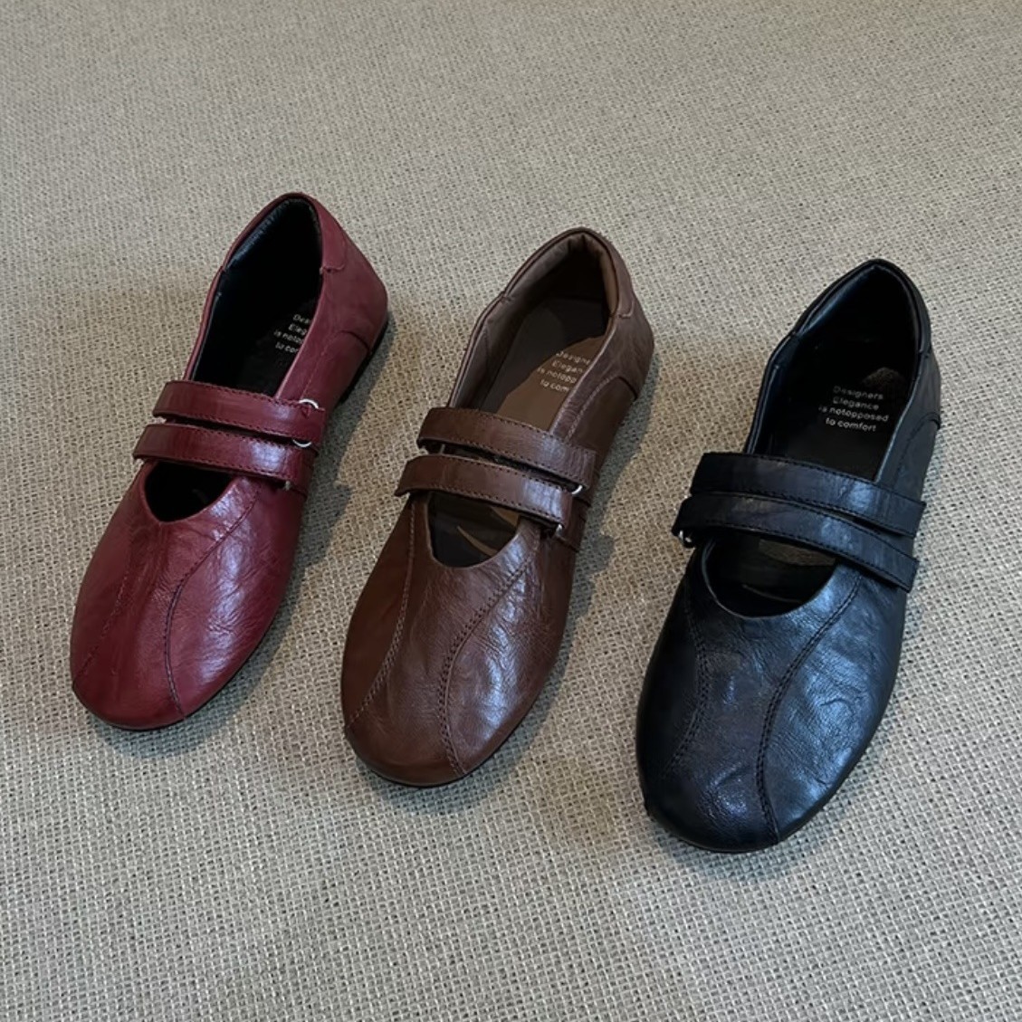 Plus Size 41-42~Casual Sports Double Buckle with Velcro, Versatile Retro Shallow Mouth Flats Small Leather Shoes for Women