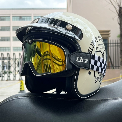 Motosiklet dəbilqələri | Orz motorcycle helmet men's and women's - m-ivory-white-08-retro-black-gold-goggles